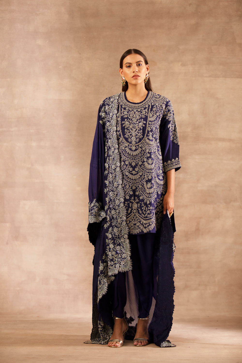 Purple Embroidered Tunic and Dhoti Pants with Dupatta