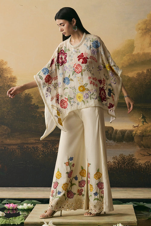 Ivory Floral Bloom Short Kaftan With Sharara