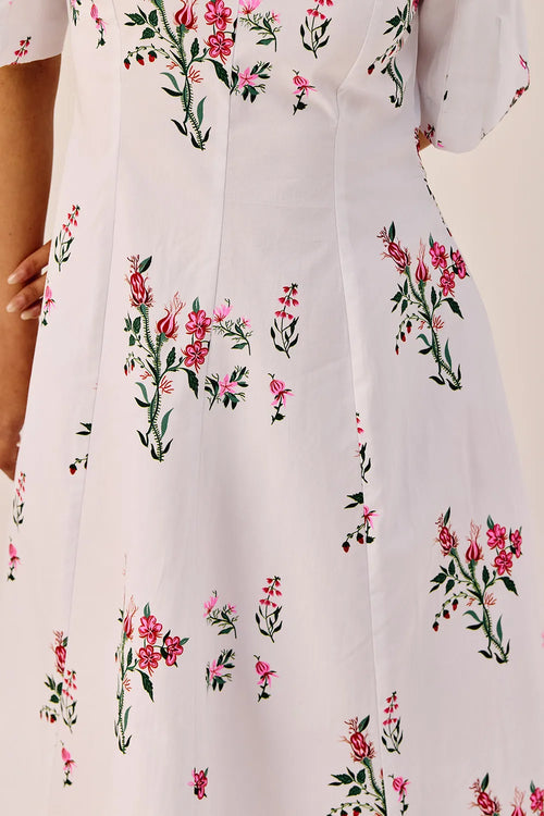 White Cotton Floral A-Line Midi Dress