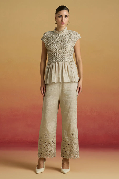 Silver Beaded Smocked Amaryllis Top with Cutwork Pants