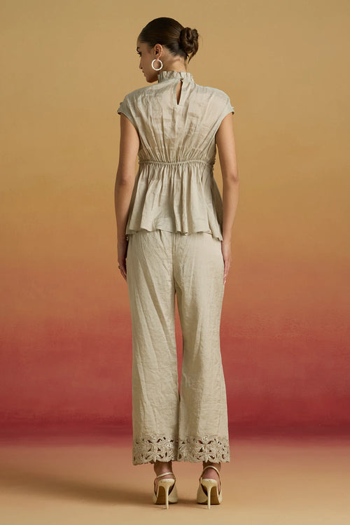 Silver Beaded Smocked Amaryllis Top with Cutwork Pants