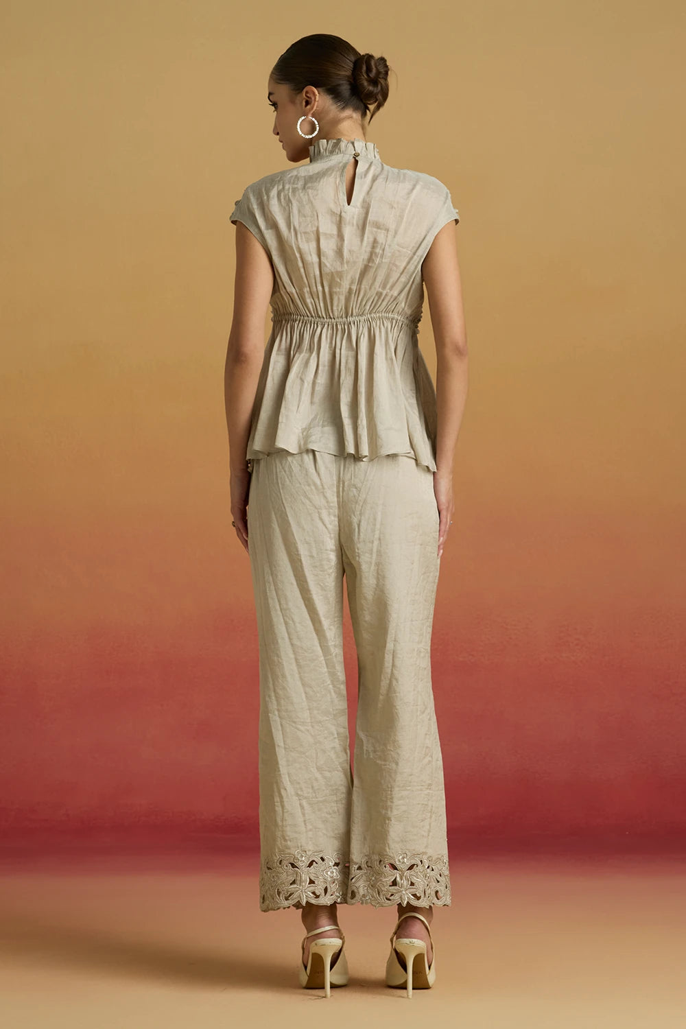 Silver Beaded Smocked Amaryllis Top with Cutwork Pants