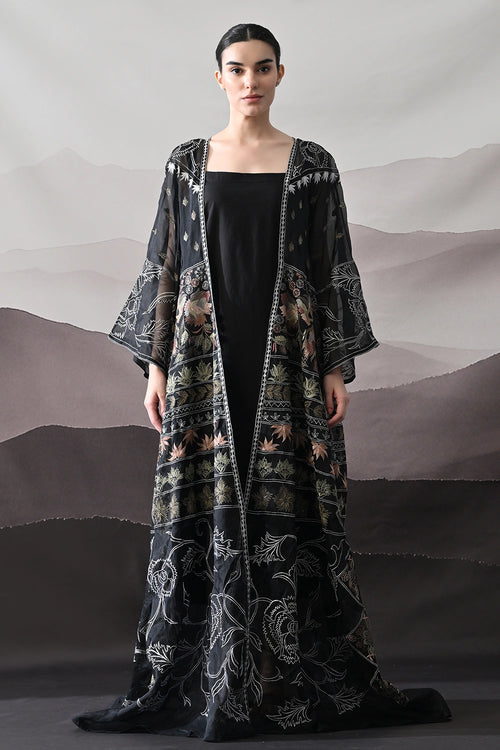 Black Kaftan With Artisanal Floral Placement