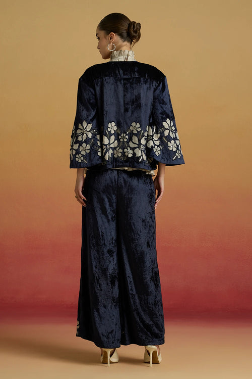 Indigo Contrast Silver Applique Short Amaryllis Jacket with Flared Pants