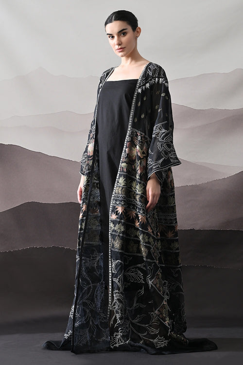 Black Kaftan With Artisanal Floral Placement