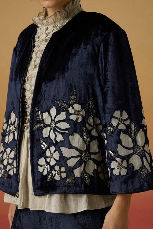 Indigo Contrast Silver Applique Short Amaryllis Jacket with Flared Pants