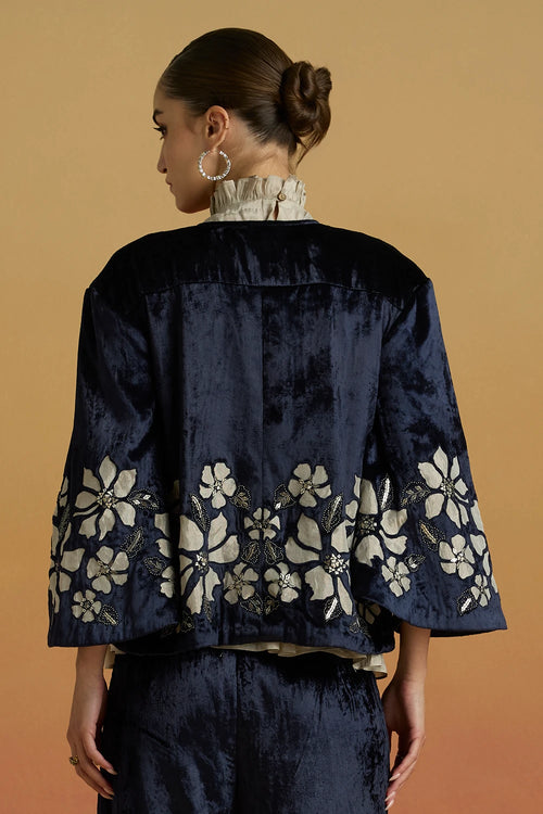Indigo Contrast Silver Applique Short Amaryllis Jacket