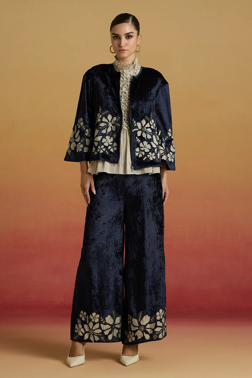 Indigo Contrast Silver Applique Short Amaryllis Jacket with Flared Pants