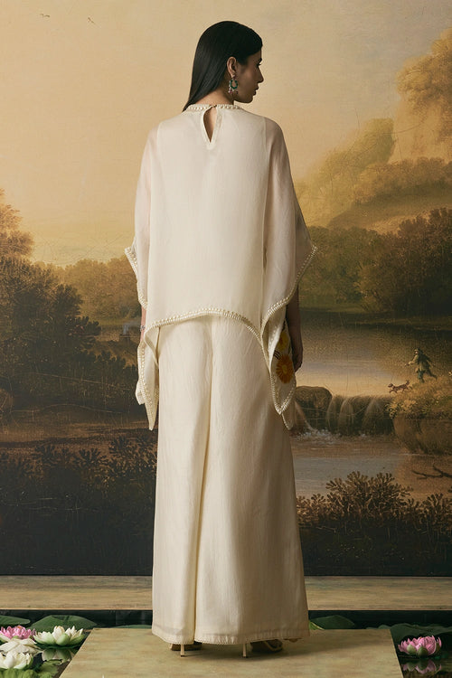 Ivory Floral Bloom Short Kaftan With Sharara