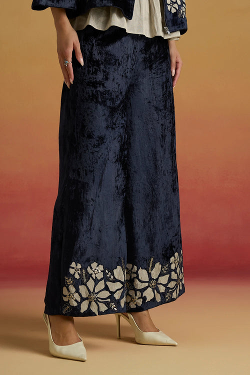 Indigo Contrast Silver Applique Flared Amaryllis Pants