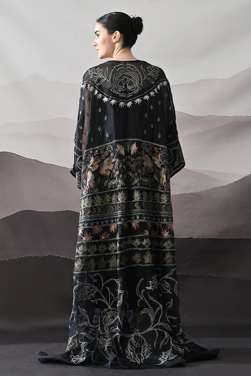 Black Kaftan With Artisanal Floral Placement