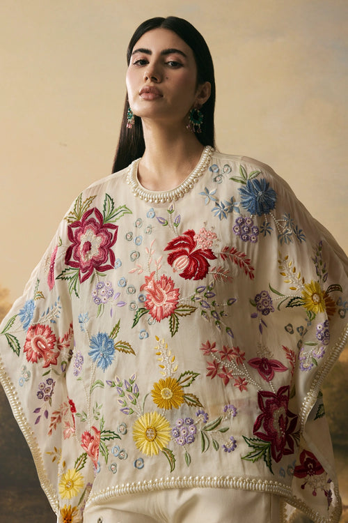 Ivory Floral Bloom Short Kaftan With Sharara