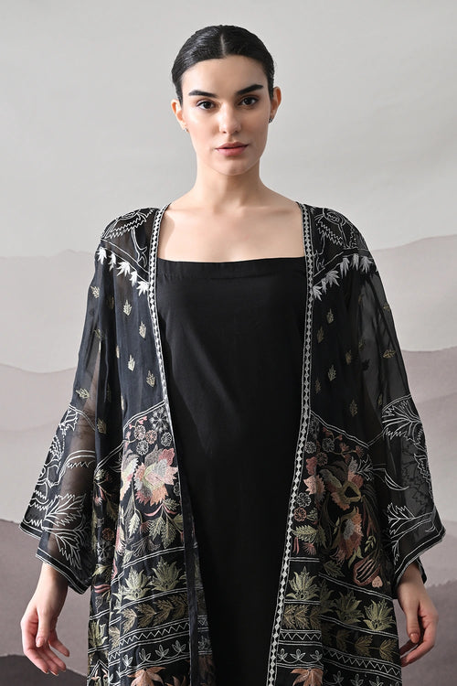 Black Kaftan With Artisanal Floral Placement