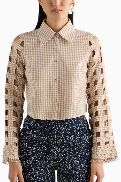 Beige Embellished Crop Shirt