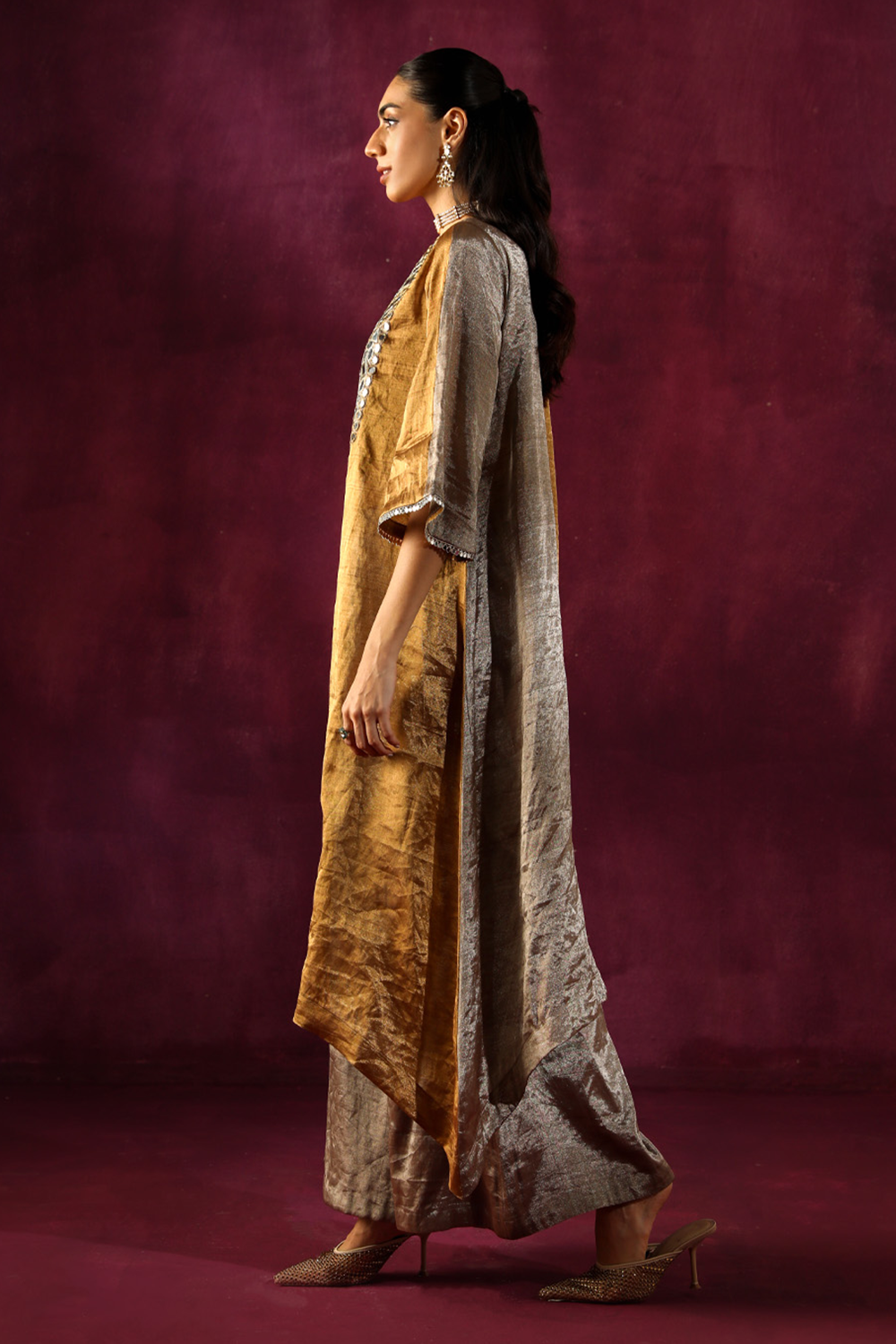 Mirror Embellished Asymmetrical Kurta with Bellbottoms