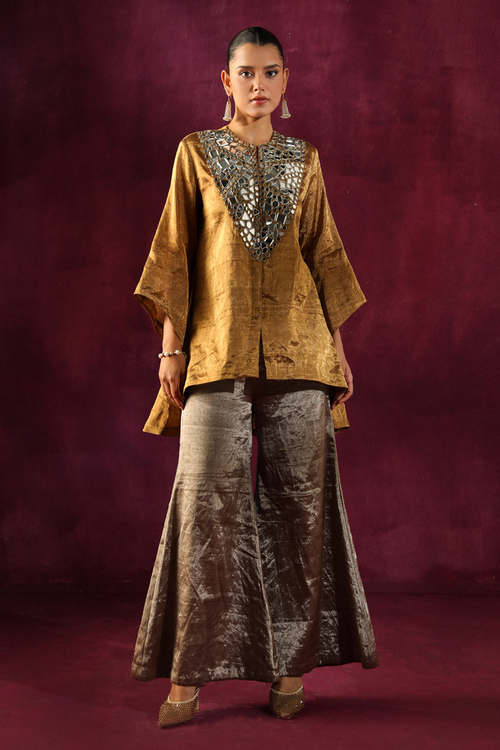 Mirror Embellished Tissue Jacket with Bellbottoms