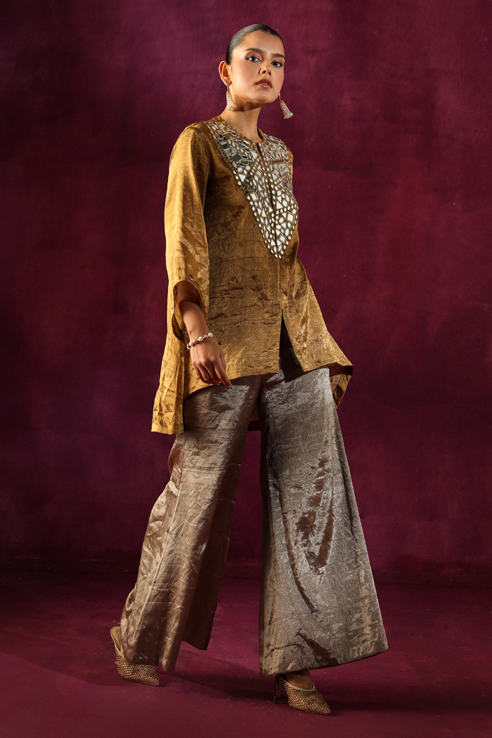 Mirror Embellished Tissue Jacket with Bellbottoms