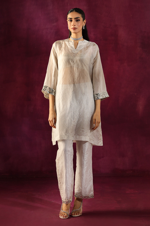 Mirror Embellished Tissue Tunic with Cigarette Pants