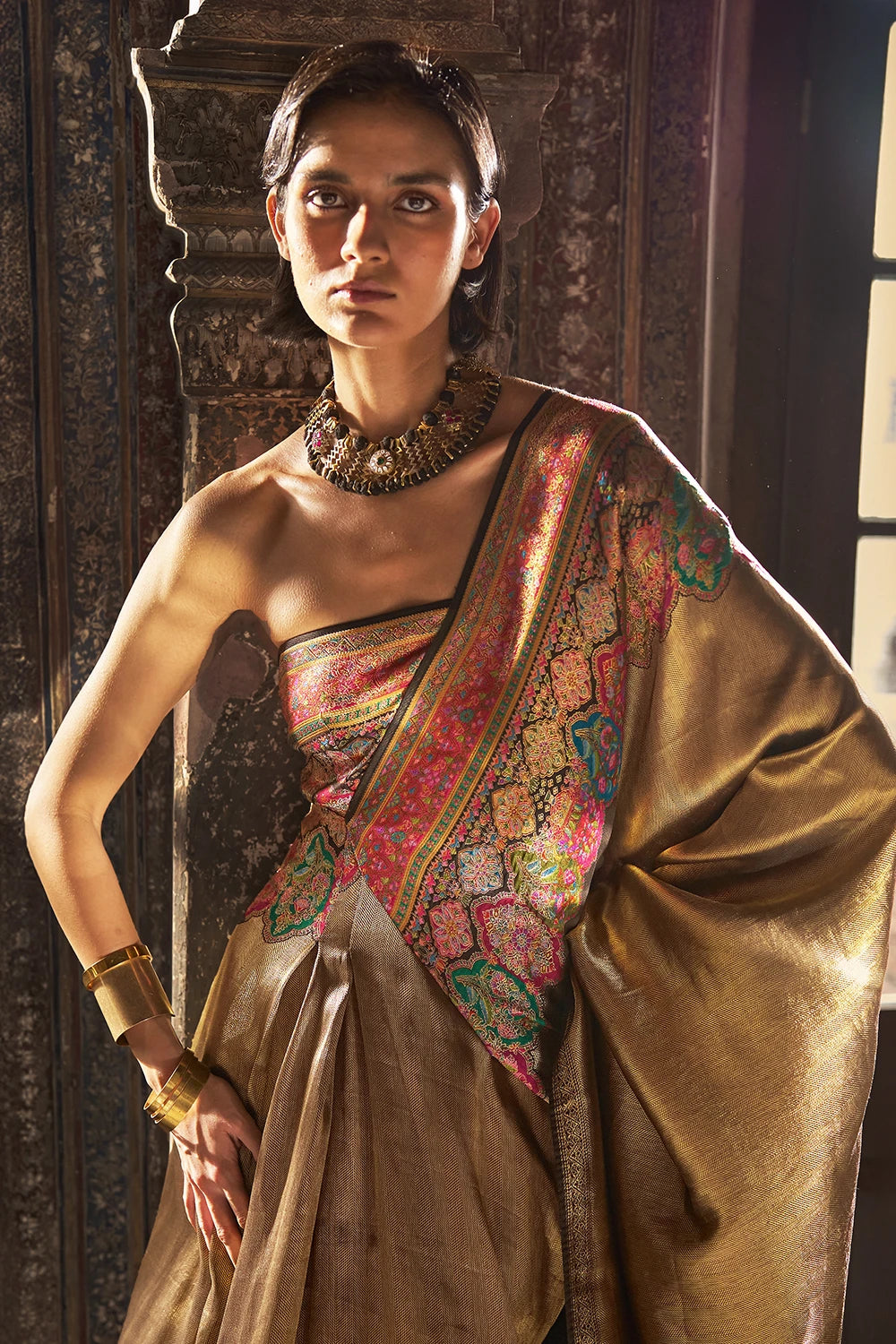 One-Shoulder Benares Weave Gown