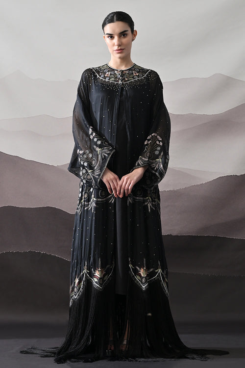 Black Kaftan With Handcrafted Borders And Fluid Silhouette