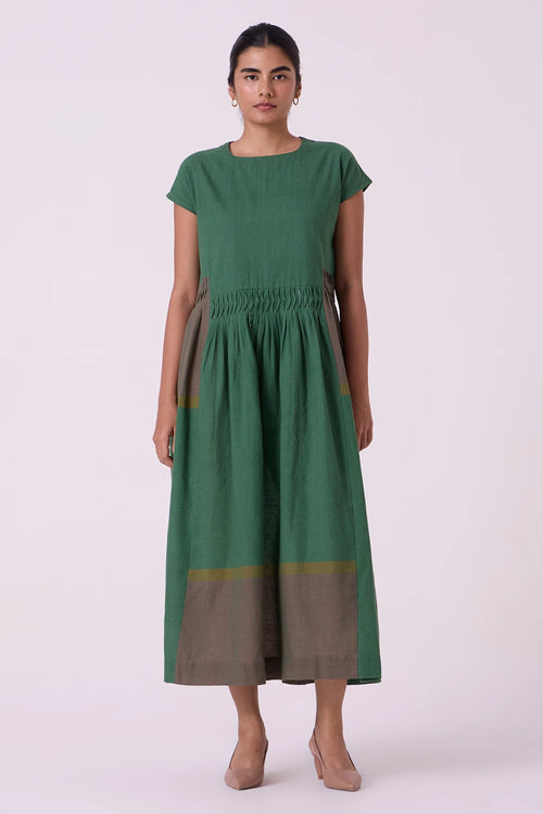 Mori Green Colourblocked Handwoven Midi Dress