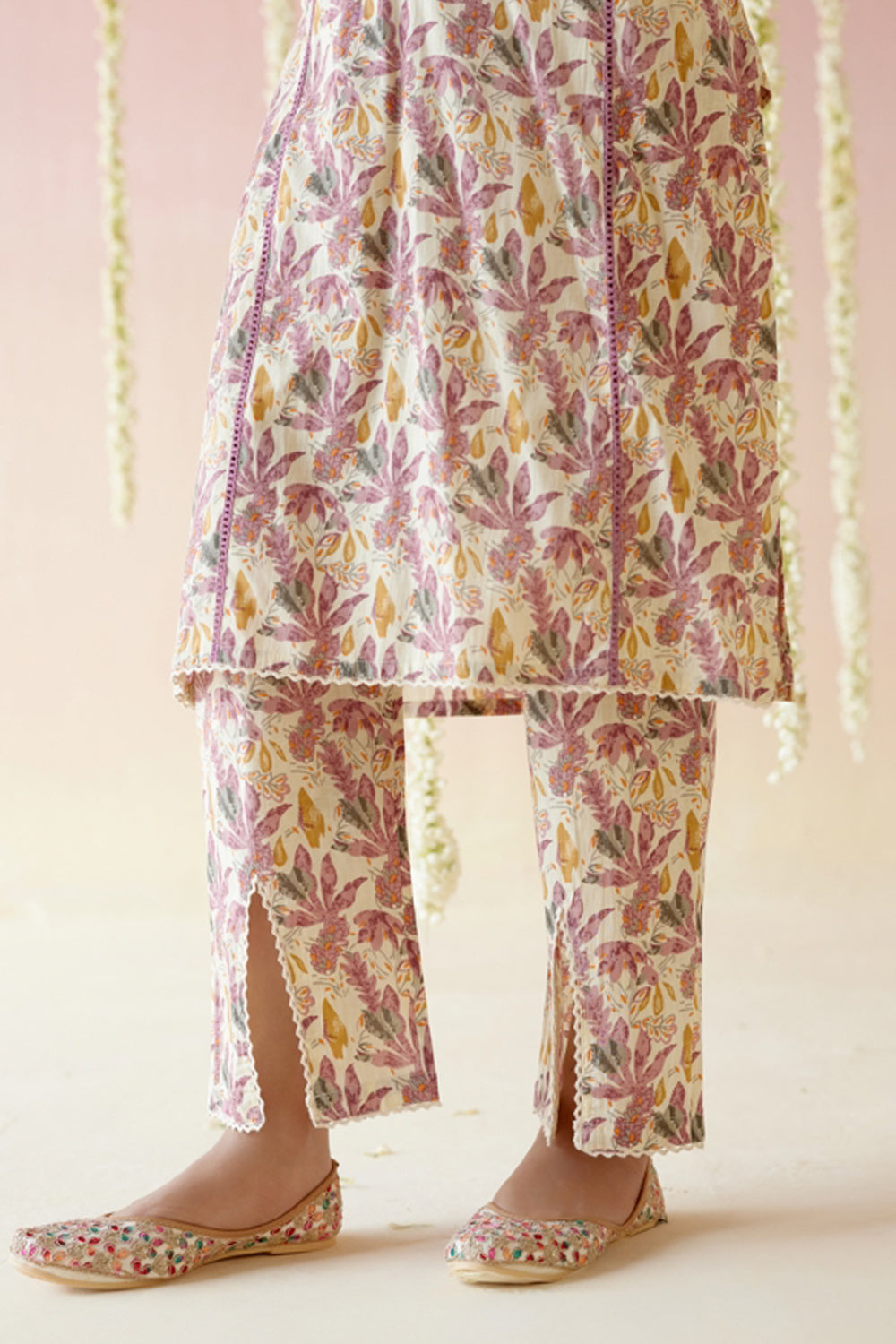 Mauve Floral Kurta with Narrow Pants