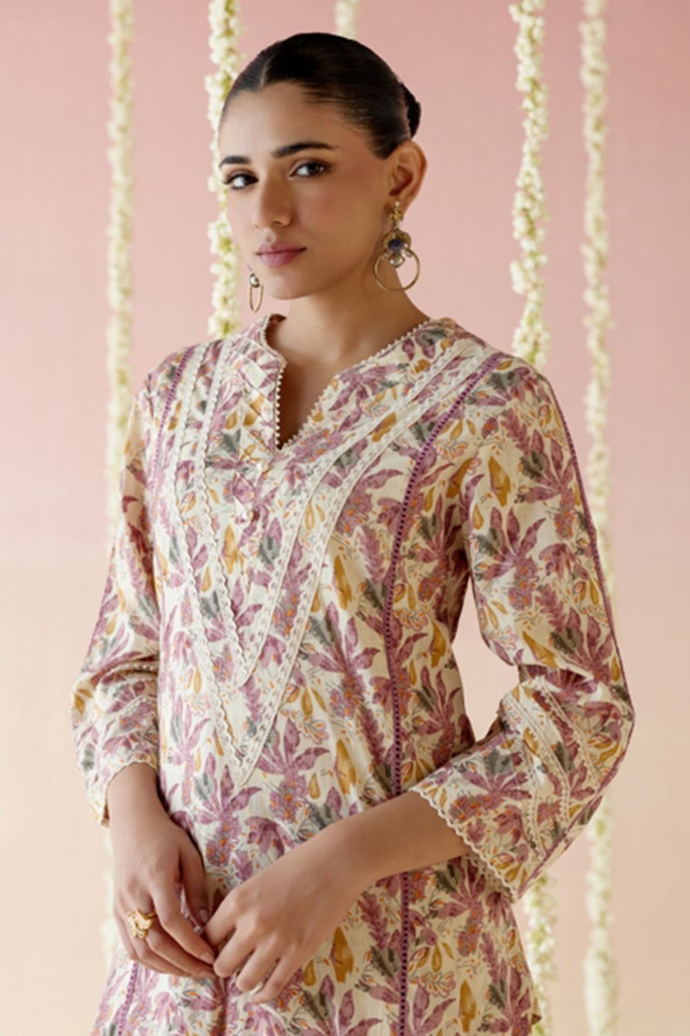 Mauve Floral Kurta with Narrow Pants