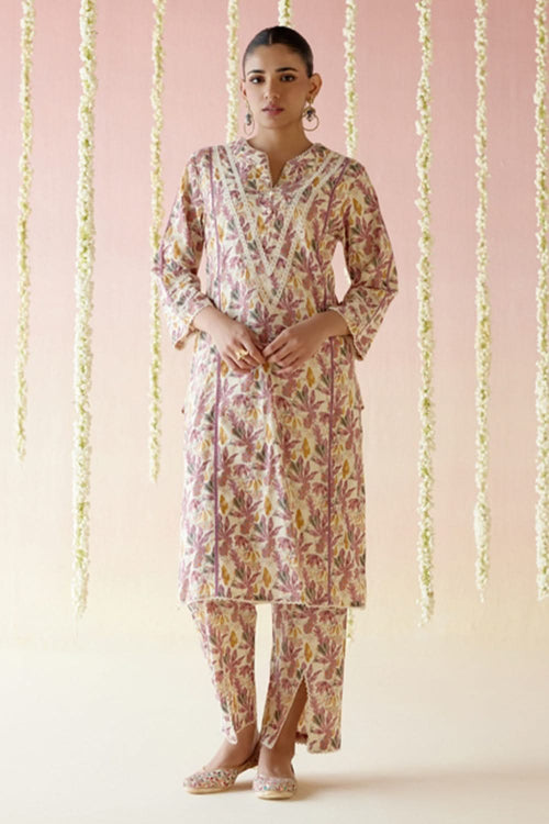 Mauve Floral Kurta with Narrow Pants