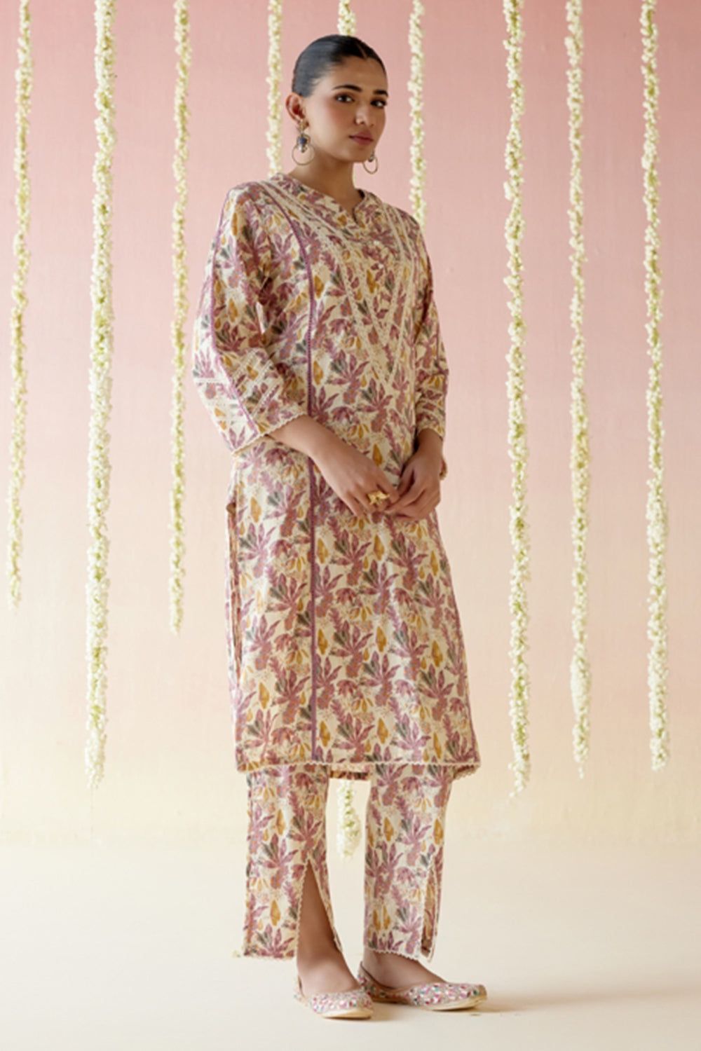 Mauve Floral Kurta with Narrow Pants