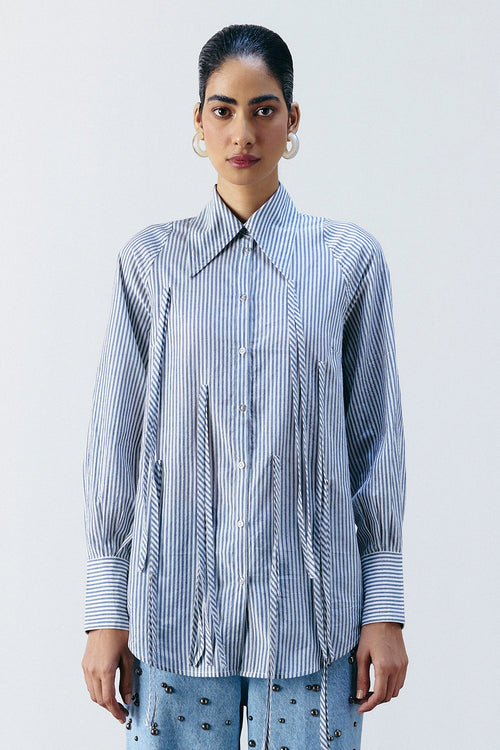 Blue Lurex Stripe Fringe Shirt
