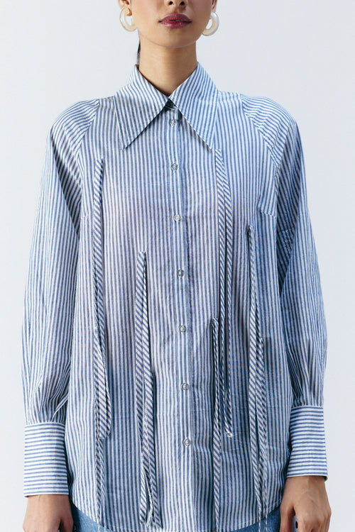 Blue Lurex Stripe Fringe Shirt