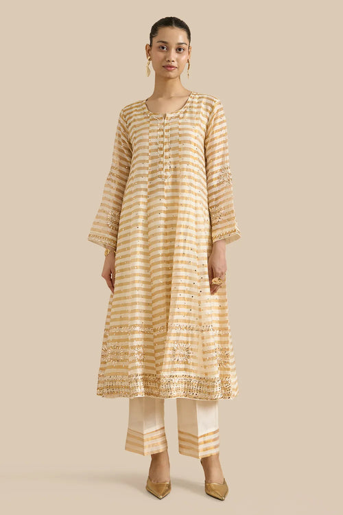 Kalidar Set With Kamdani Embroidery Aborned With Moti And Mirror Work