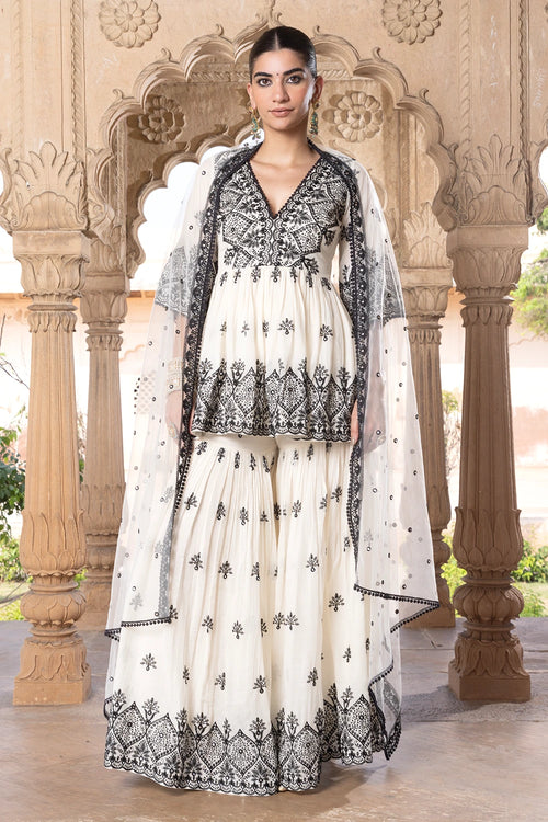 Black and White all-over Ambi Embroidered Sharara with Dupatta