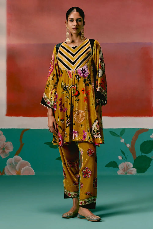 Mustard Floral Velvet Kurta Set