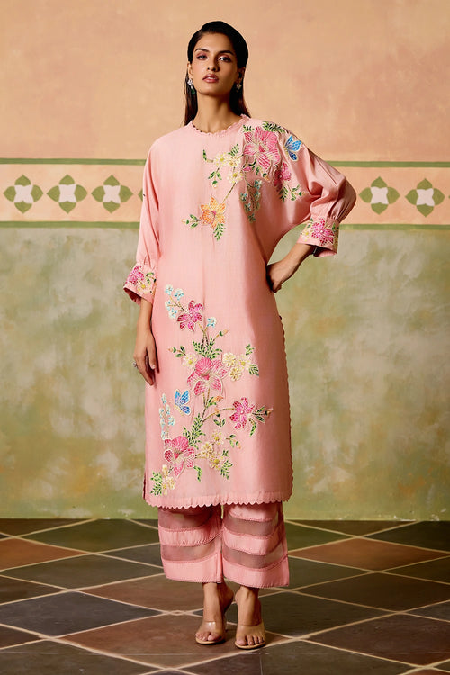 Rose Pink Floral Kimono Kurta with Sheer Detail Pants