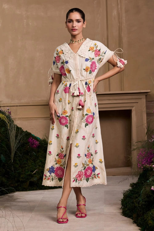 Ivory Applique And Threadwork Floral Shirt Dress