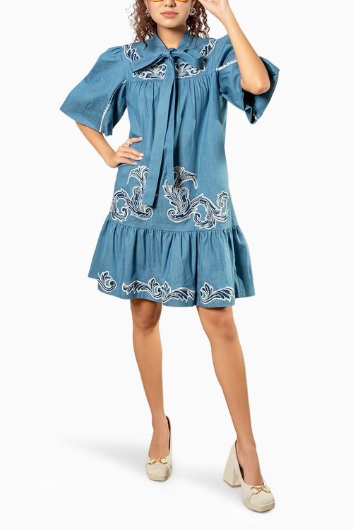 Blue Soft Light Weight Denim Puffed Sleeve Dress