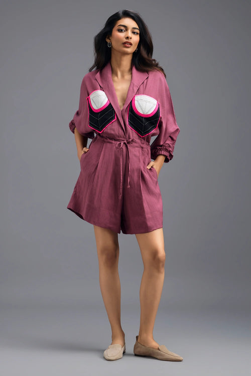 Pink Linen Playsuit with Colour-Block Pocket