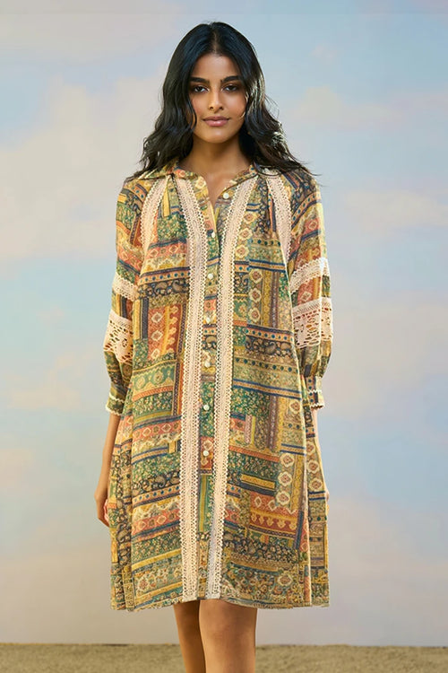 Linen-Lace Printed Dress