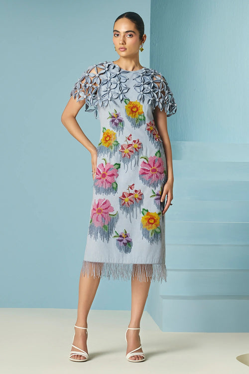 Powder Blue Floral Beadwork Cape Dress