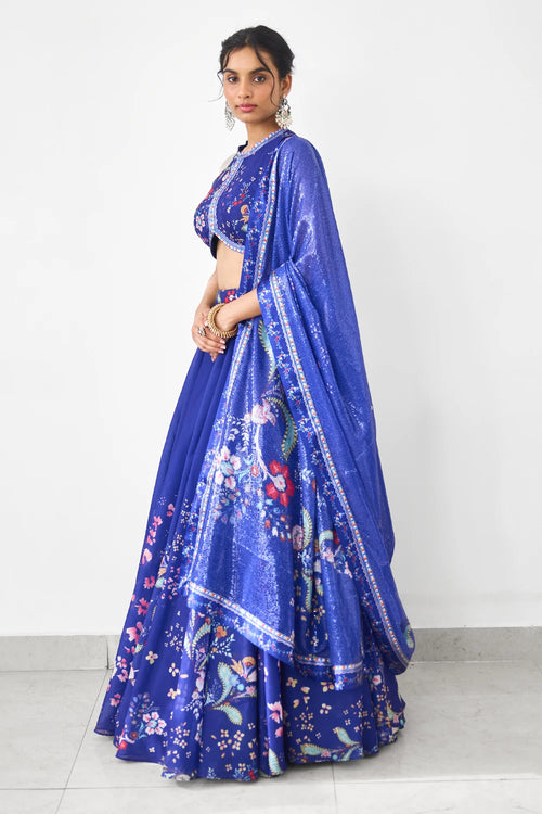 Peacock Garden Printed Lehenga Set with Sequins Dupatta