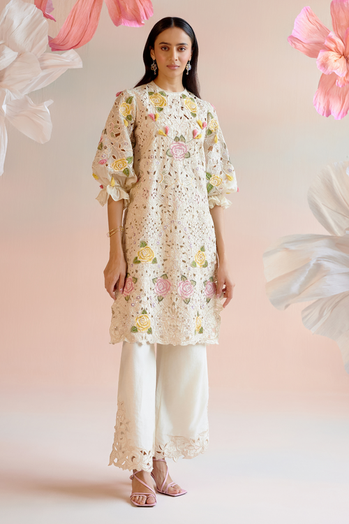 Ivory Floral Work Kurta with Bell Bottom Pant