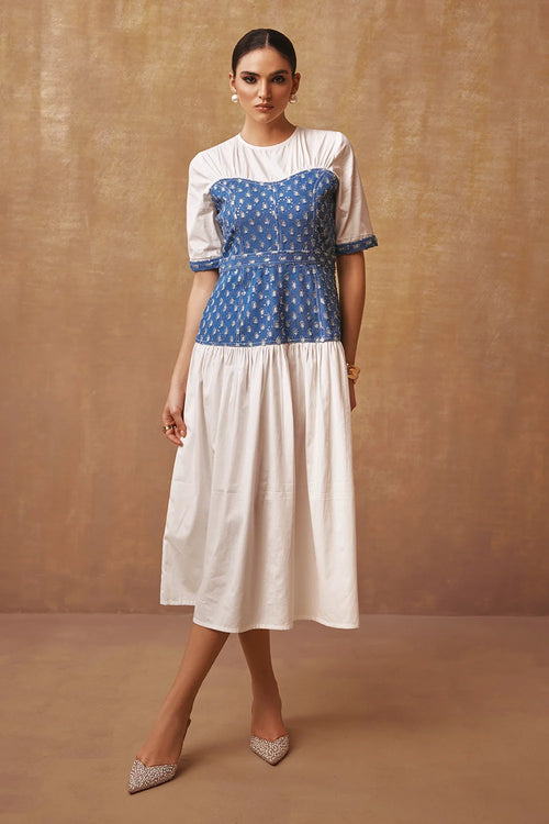 Mix of Denim Metallic Midi Dress