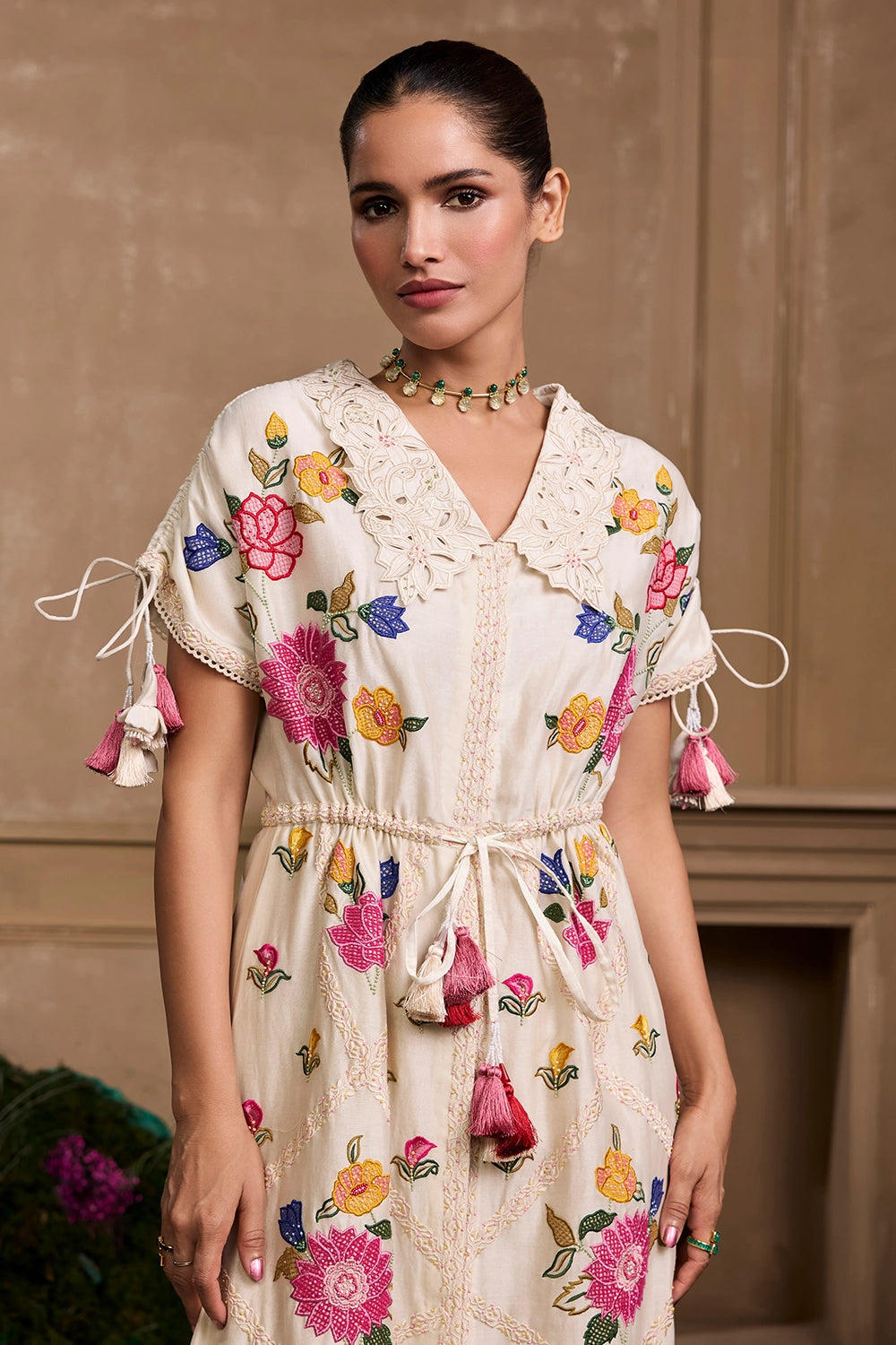 Ivory Applique And Threadwork Floral Shirt Dress