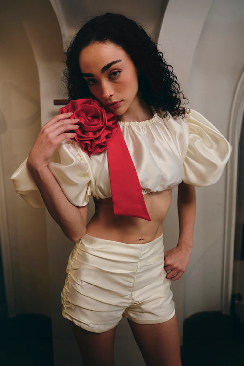 White Ruched High-waisted Shorts