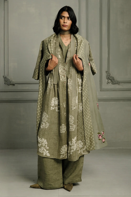 Sage Green Organza Jacket with Gauze Linen Dress And Pants