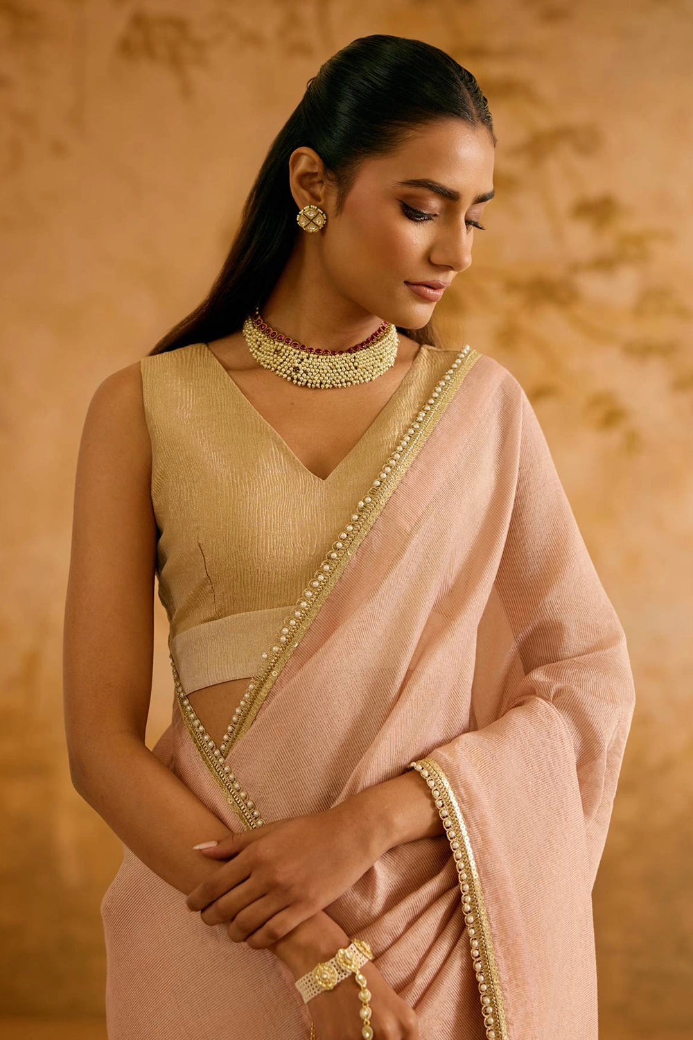 Peach Pearl Chanderi Stripe Saree