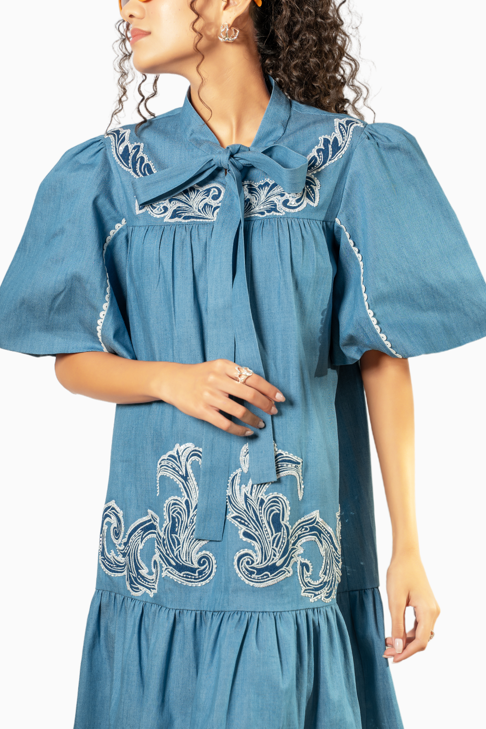 Blue Soft Light Weight Denim Puffed Sleeve Dress