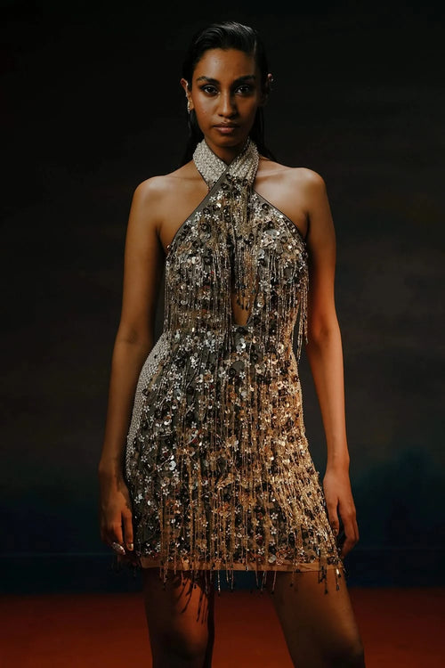 Nude Net Sequins Bugle Beads Dress