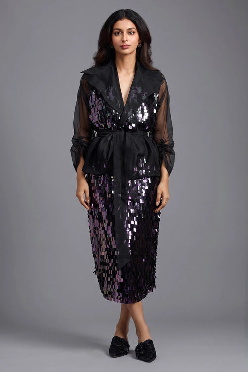 Rainbow Sequin Organza Wrap Top with Midi Skirt